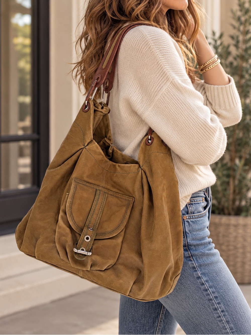 Tano Suede Hobo Shoulder Bag in Olive